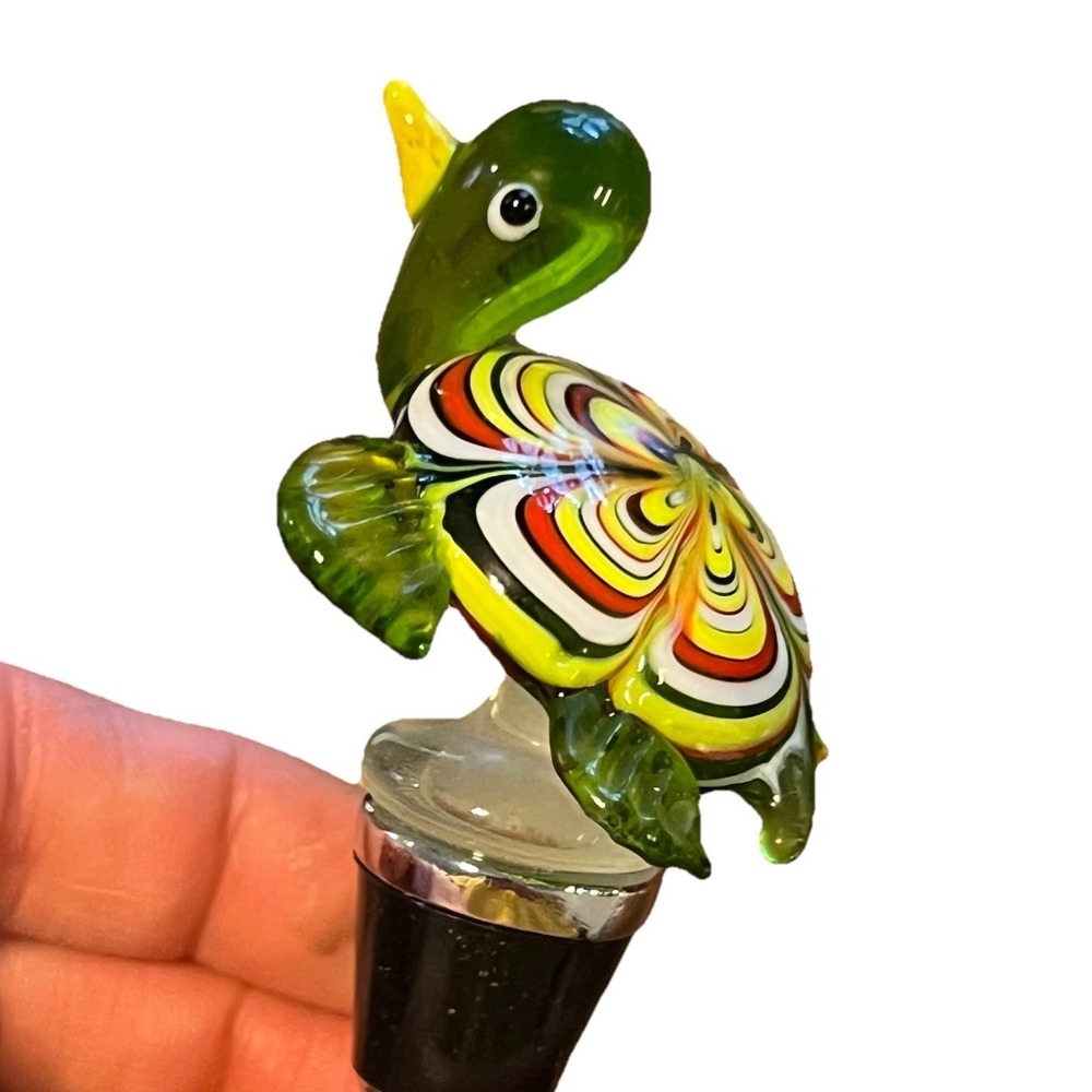 Art Glass Turtle Wine Bottle Stopper Colorful Murano Style Barware Decor Coastal